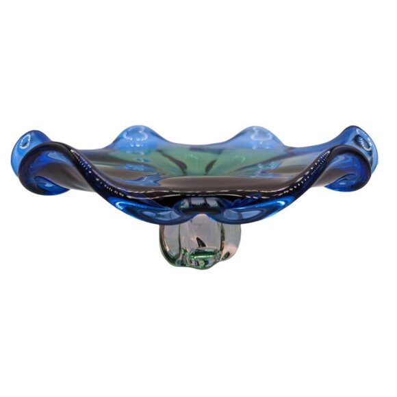 Royal Gallery Blue Green Ombre on Clear Heavy Glass Showpiece Blown Glass Bowl